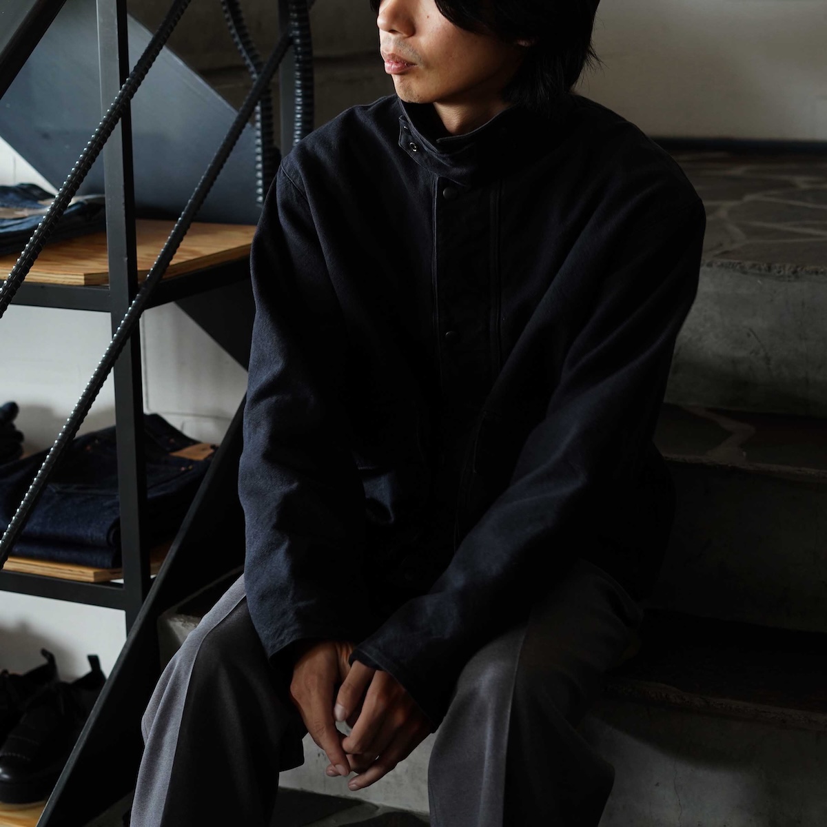 A.PRESSE / Vintage Silk Hemp Hunting Jacket (Black) 175cm / size3 着用 ②