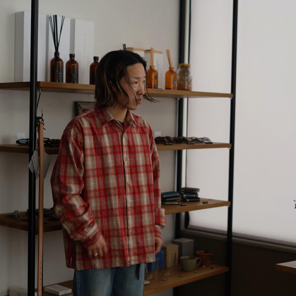 A.PRESSE / Vintage Cotton Silk Nep Twill Check Shirt (Red)