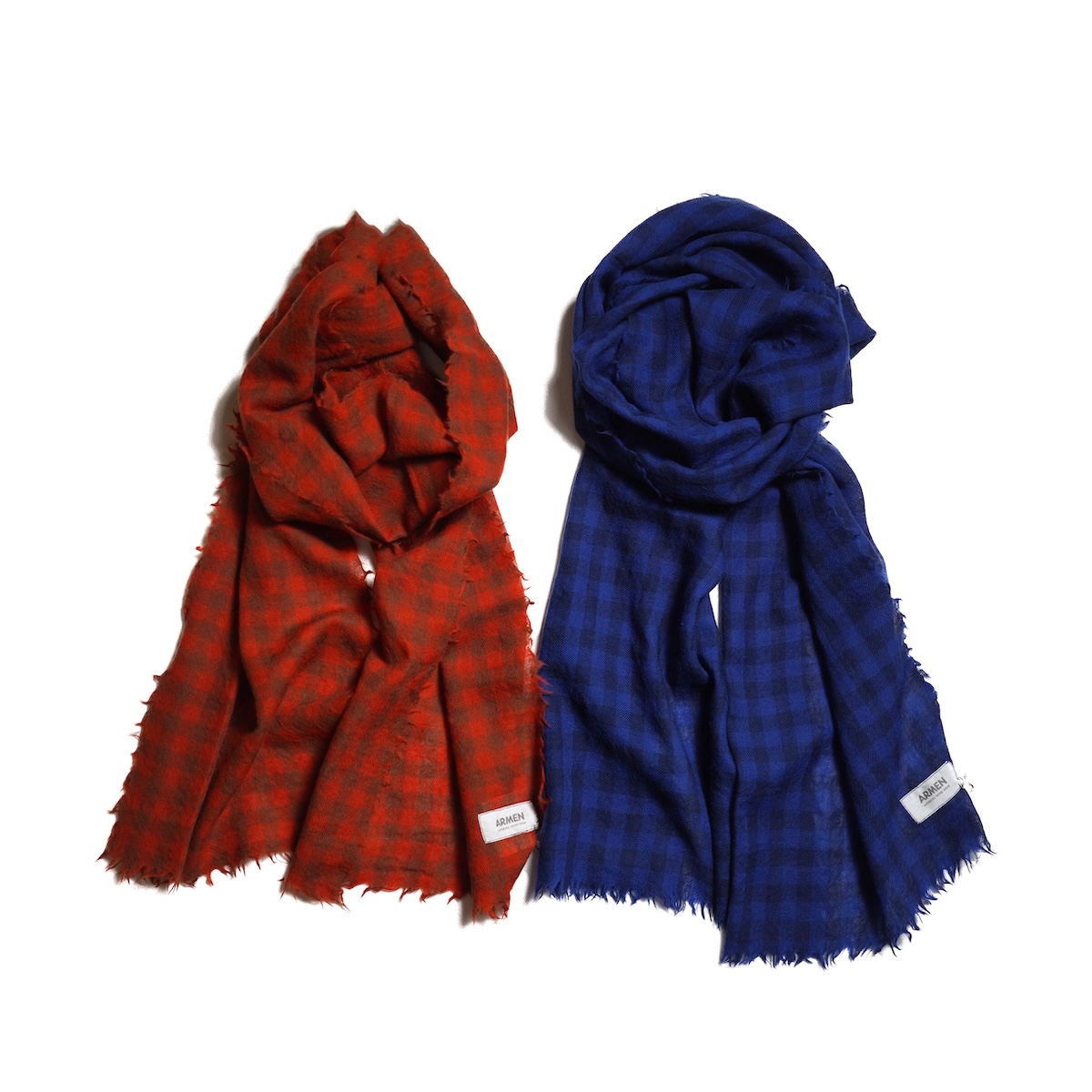 ARMEN / WOOL GINGHAM LONG STOLE (Orange / Blue)