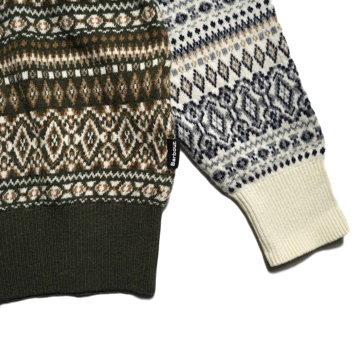 Barbour / HARDALE PATCHWORK CREW NECK (Olive) 袖先、ピスネーム