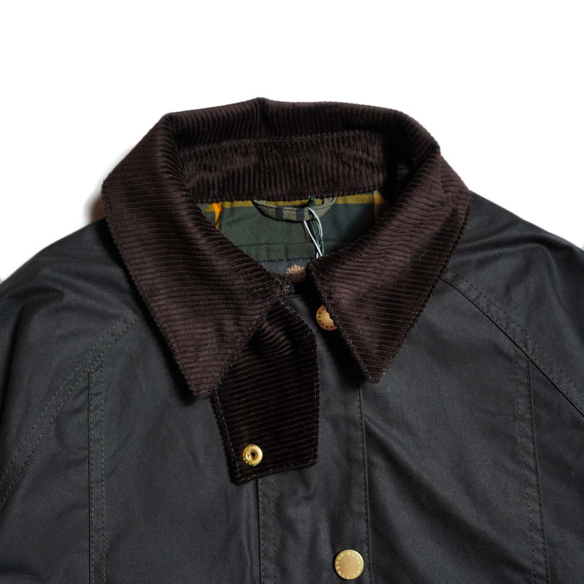 Barbour / CROPPED BEADNELL WAX JACKET (Sage Green) 襟元