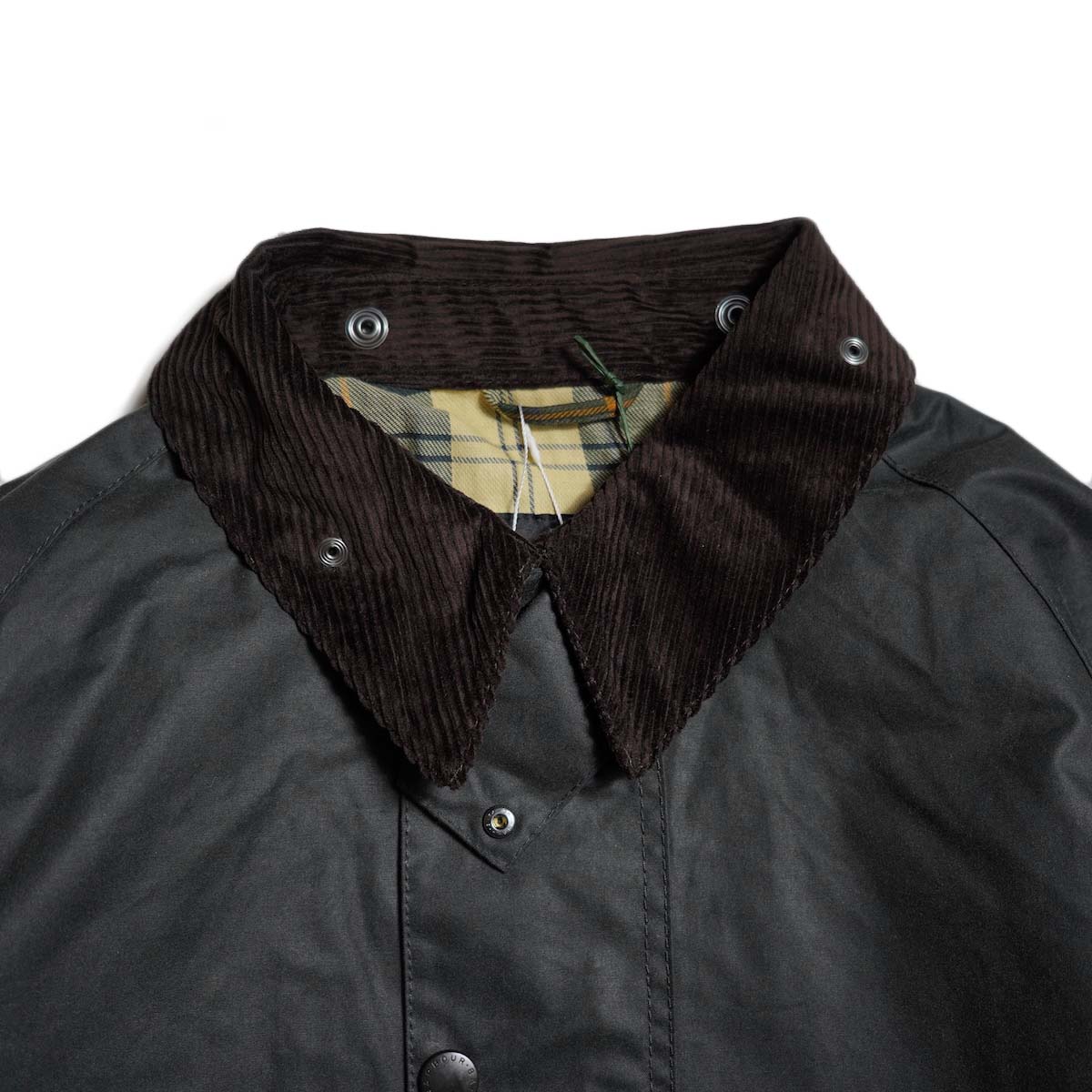 Barbour / OS TRANSPORT WAX JACKET (Sage Green) 襟元