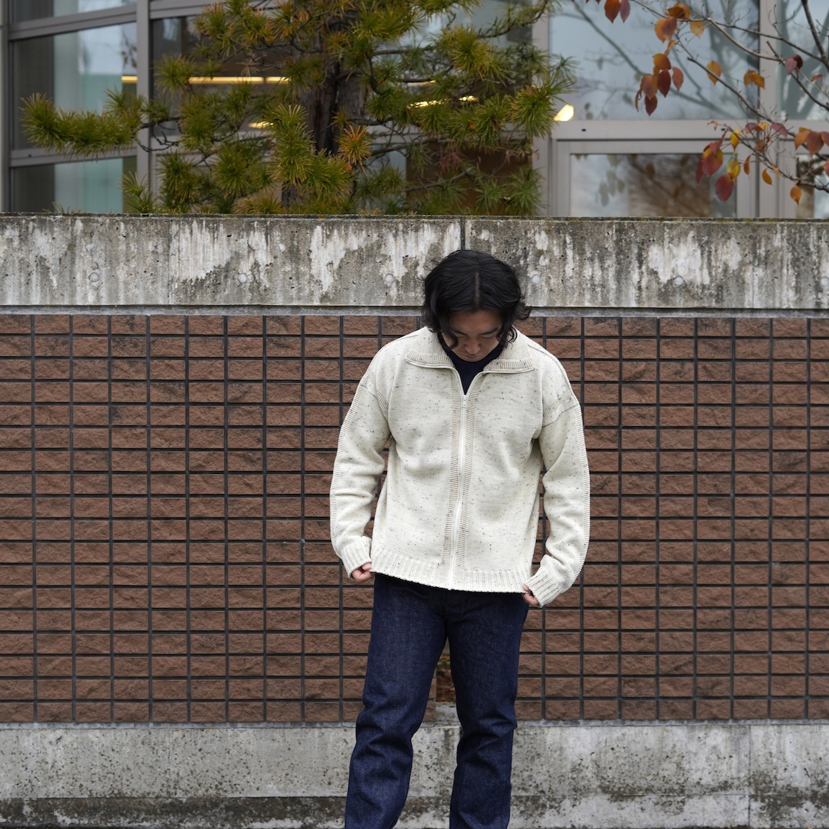 CALEDOOR / Merino Wool zip-up jumper Made by GUERNSEY WOOLLENS (Nepp De Nieve) 178cm / size L 着用①
