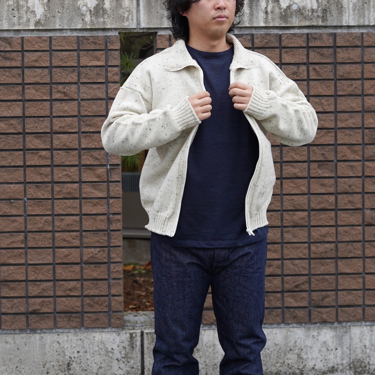 CALEDOOR / Merino Wool zip-up jumper Made by GUERNSEY WOOLLENS (Nepp De Nieve) 178cm / size L 着用②