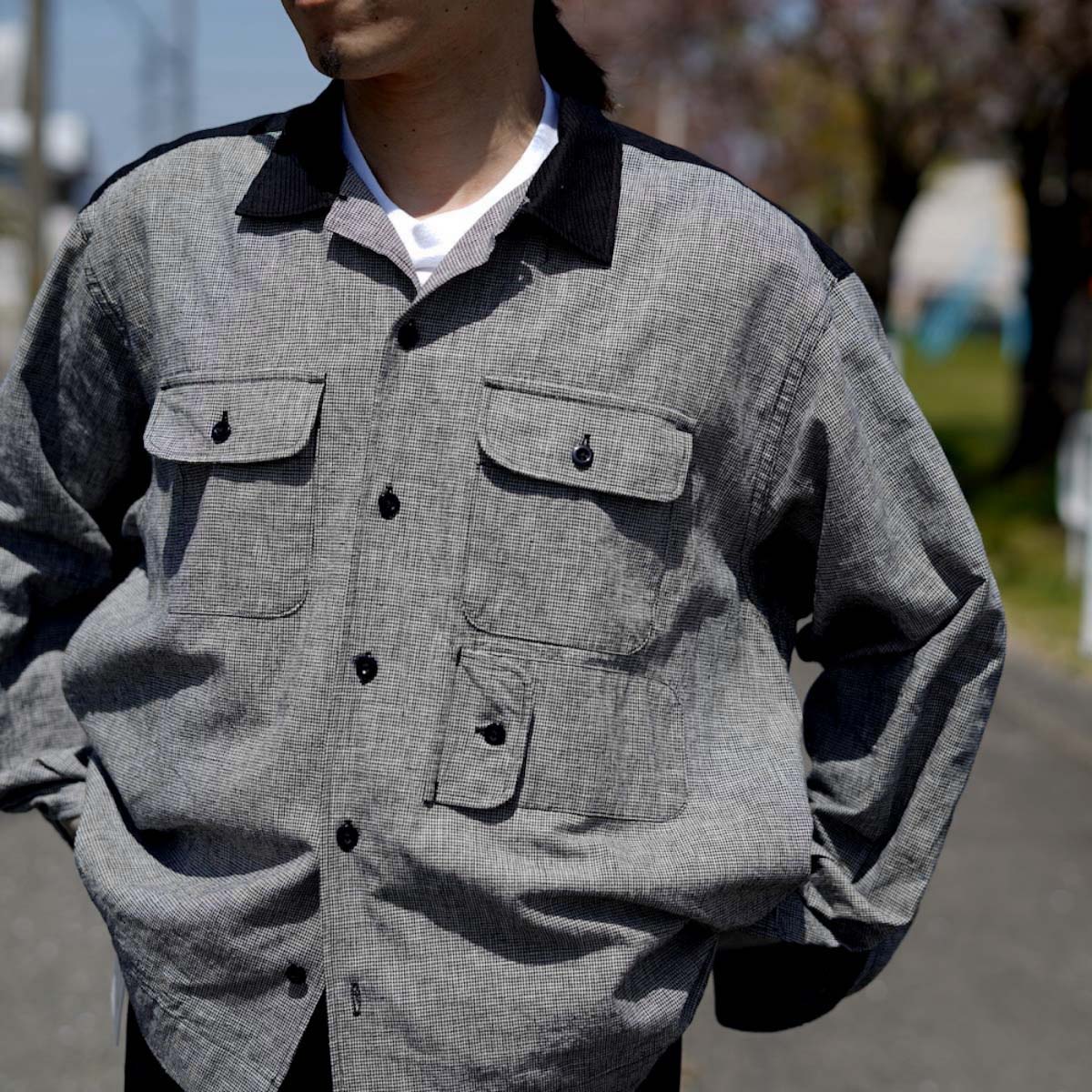 オーバーサイズ！ENGINEEREDGARMENTSドビーストライプボーリング Engineered Garments / Bowling Shirt - CL Houndstooth (Black / Gray)