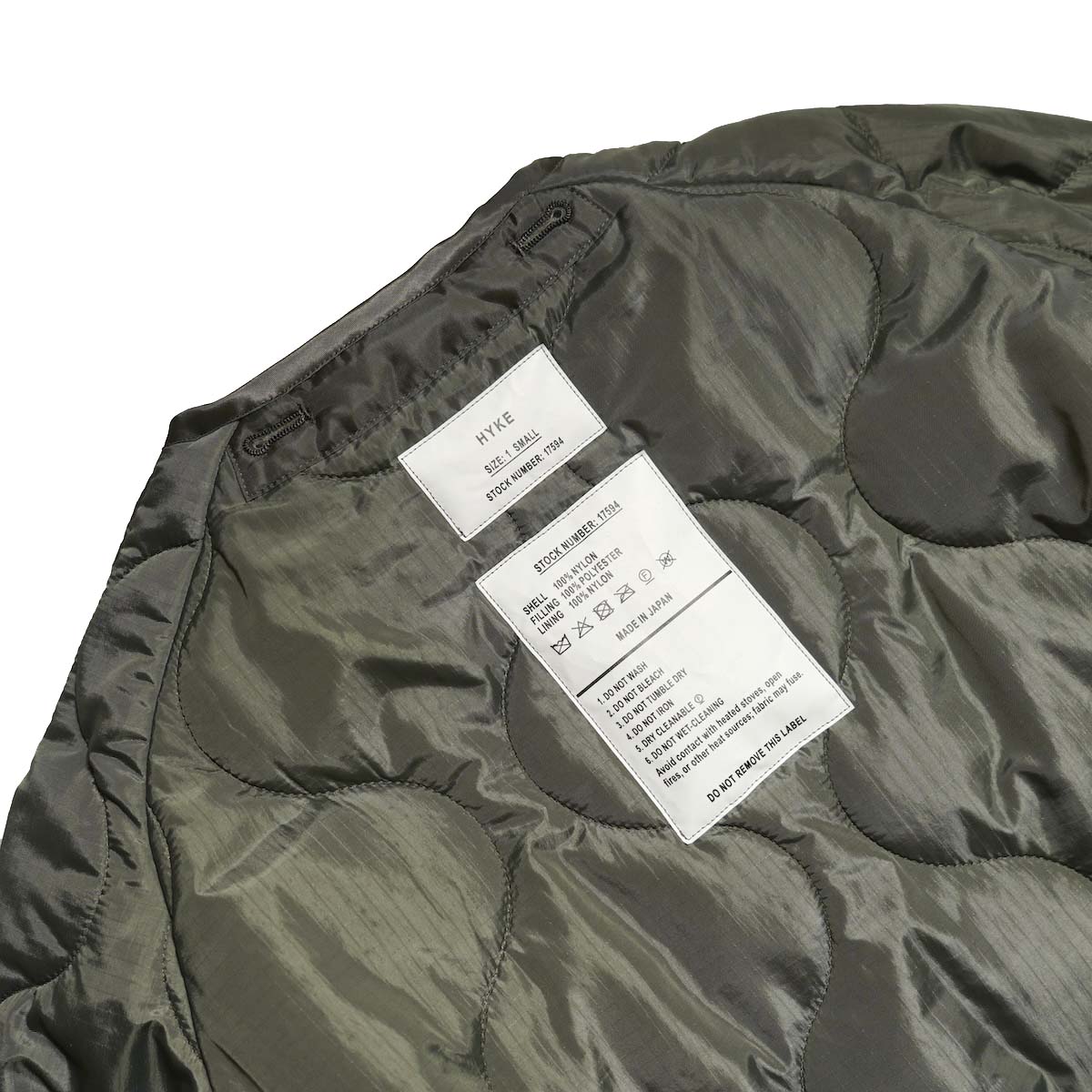 HYKE / QUILTED LINER COAT (Khaki) スペックタグ