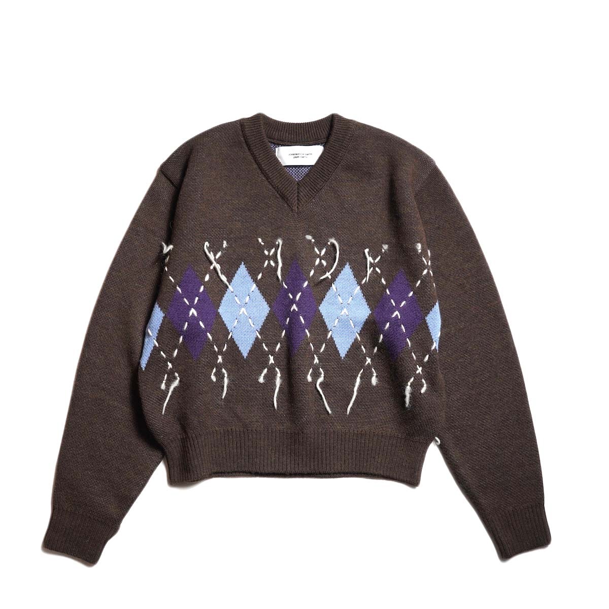 JANE SMITH / 7G DOUBLE JACQUARD ARGYLE V NECK SWEATER (Brown)