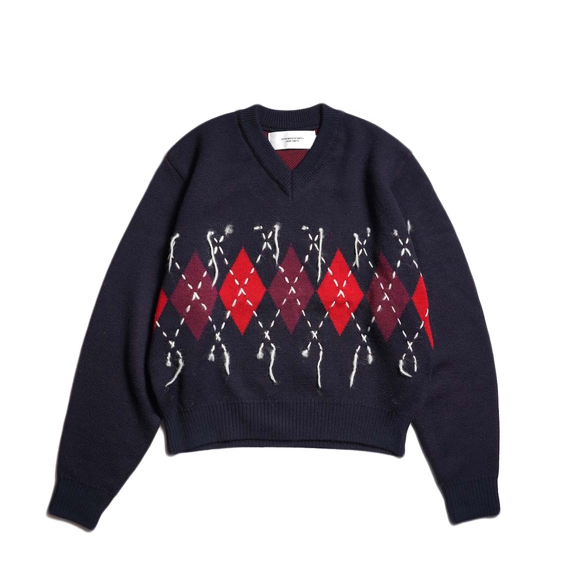 JANE SMITH / 7G DOUBLE JACQUARD ARGYLE V NECK SWEATER (Navy)