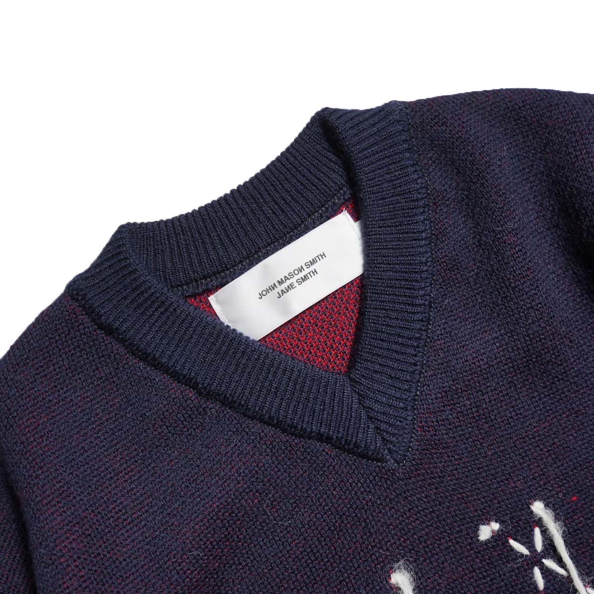 JANE SMITH / 7G DOUBLE JACQUARD ARGYLE V NECK SWEATER (Navy) ネック