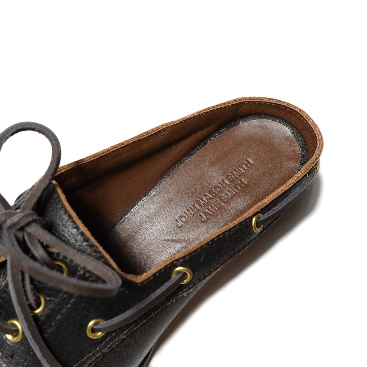 JANE SMITH / 3 EYELET MOCCASIN MULE (Black Brown) 履き口
