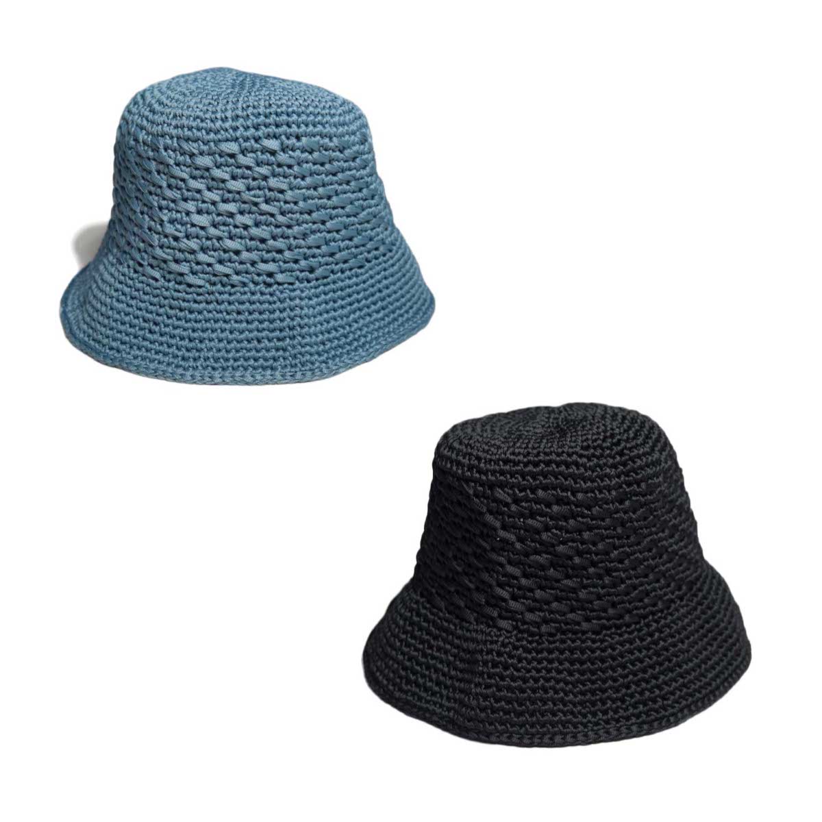 KIJIMA TAKAYUKI / 251104 POLY HAND KNIT BUCKET HAT (Blue Gray / Black)