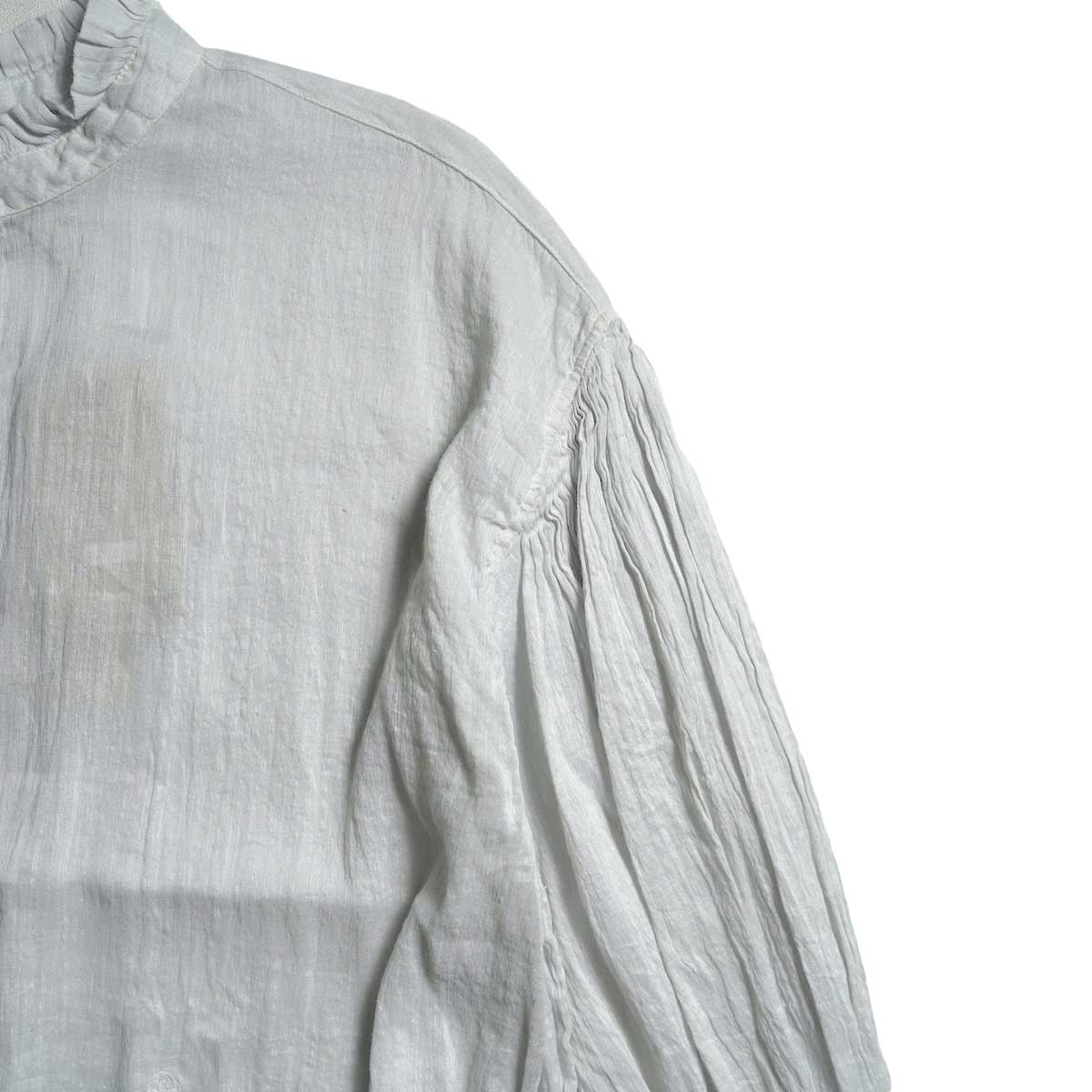 maison de soil / AUTO LOOM COTTON/LINEN PLAIN(OVERDYE) FRILL COLLAR MAXI SHIRT DRESS WITH PINTUCK (Light Gray)肩ギャザー