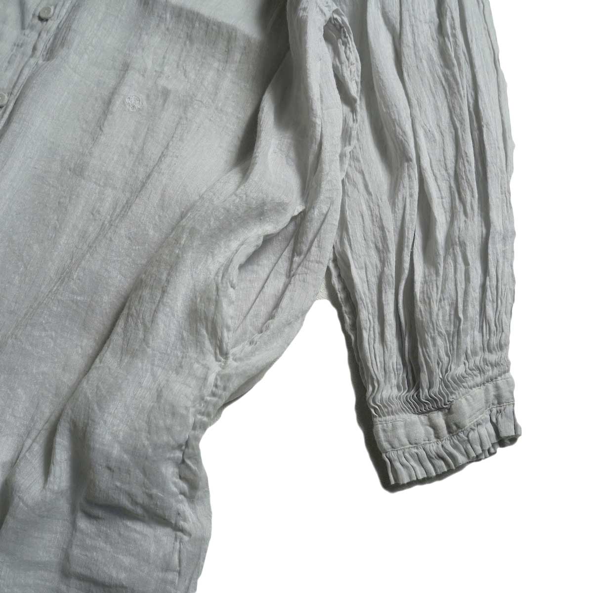 maison de soil / AUTO LOOM COTTON/LINEN PLAIN(OVERDYE) FRILL COLLAR MAXI SHIRT DRESS WITH PINTUCK (Light Gray)袖