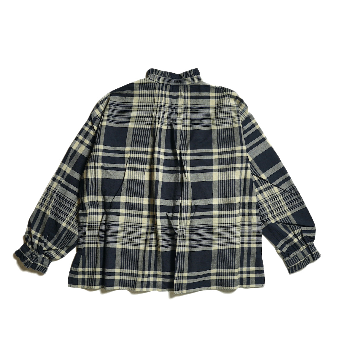 【美品】maison de soil　手織り　バンデッドカラーシャツ　バルーン袖 maison de soil ~80'S ORGANIC VOILE STRIPE (OVERDYE) BANDED