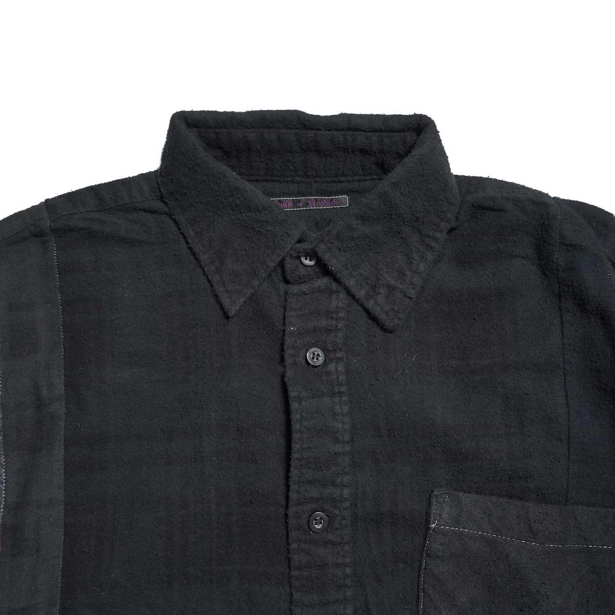 Rebuild by Needles / Flannel Shirt - 7 Cuts Wide Shirt Over Dye  (Black-B) 襟元