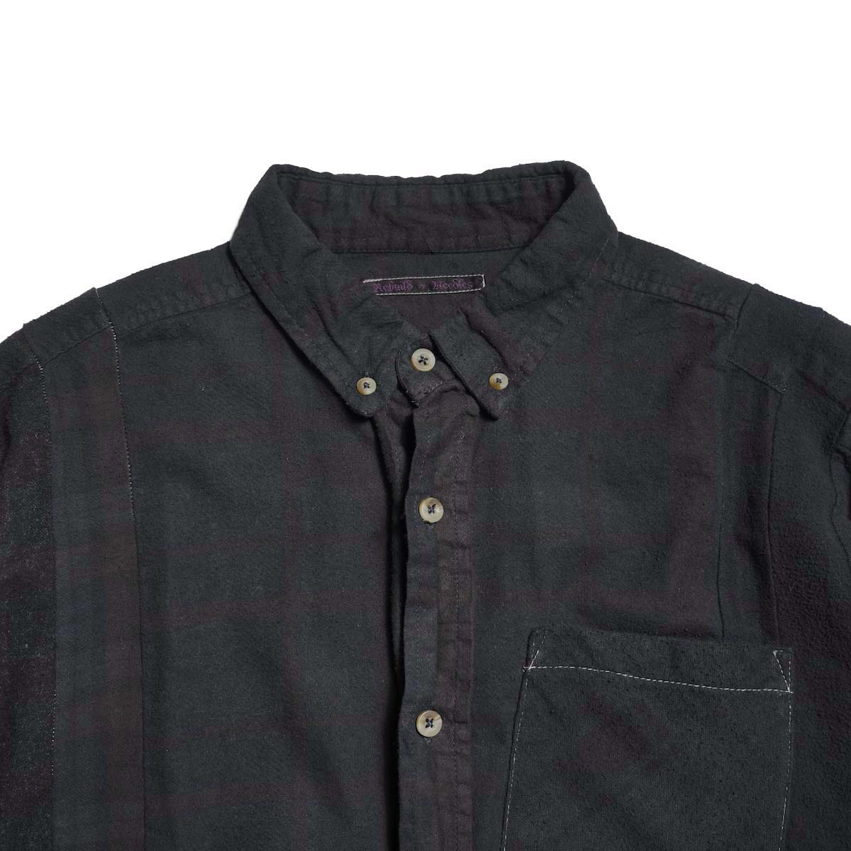 Rebuild by Needles / Flannel Shirt - 7 Cuts Wide Shirt Over Dye  (Black-D) 襟元