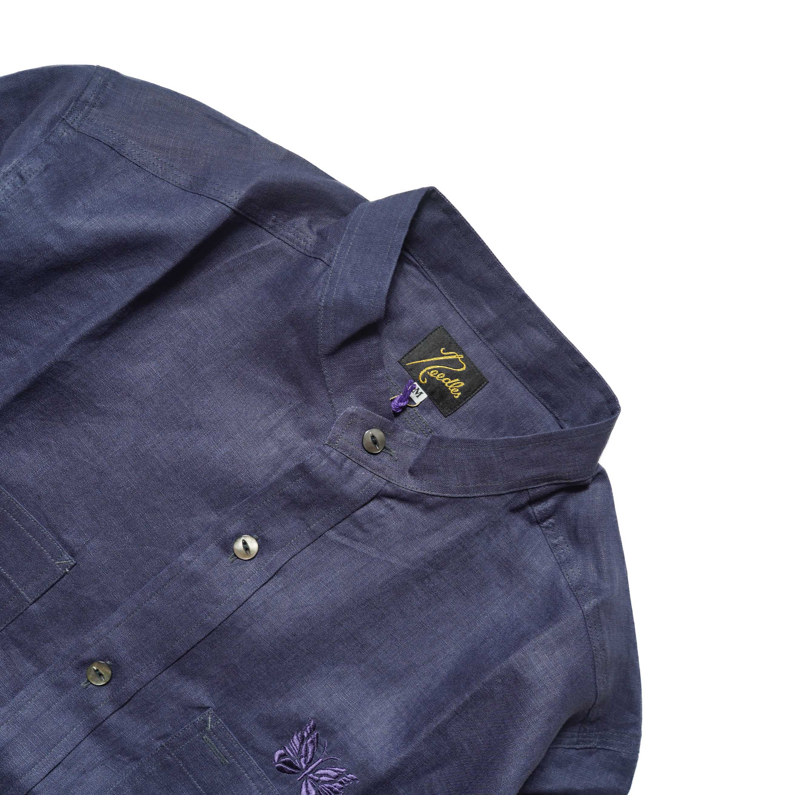 Needles / Band Collar Work Shirt - Linen Canvas (Purple)