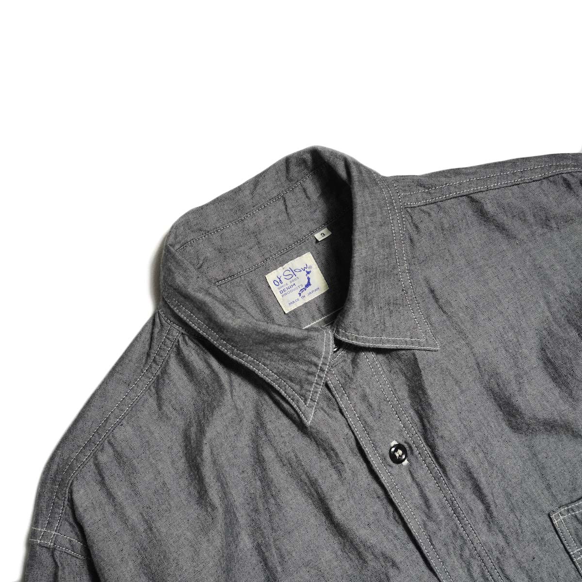 orSlow / RELAX FIT BLACK CHAMBRAY WORK SHIRT (Black) 襟元
