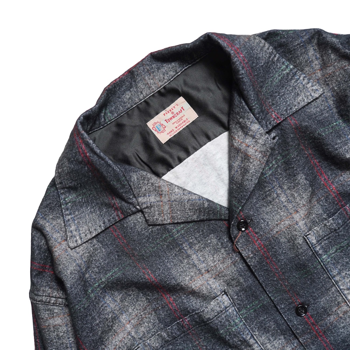 TOWNCRAFT / PRINTED COTTON NEL OMBRE CHECK SHIRT (Gray) 襟元