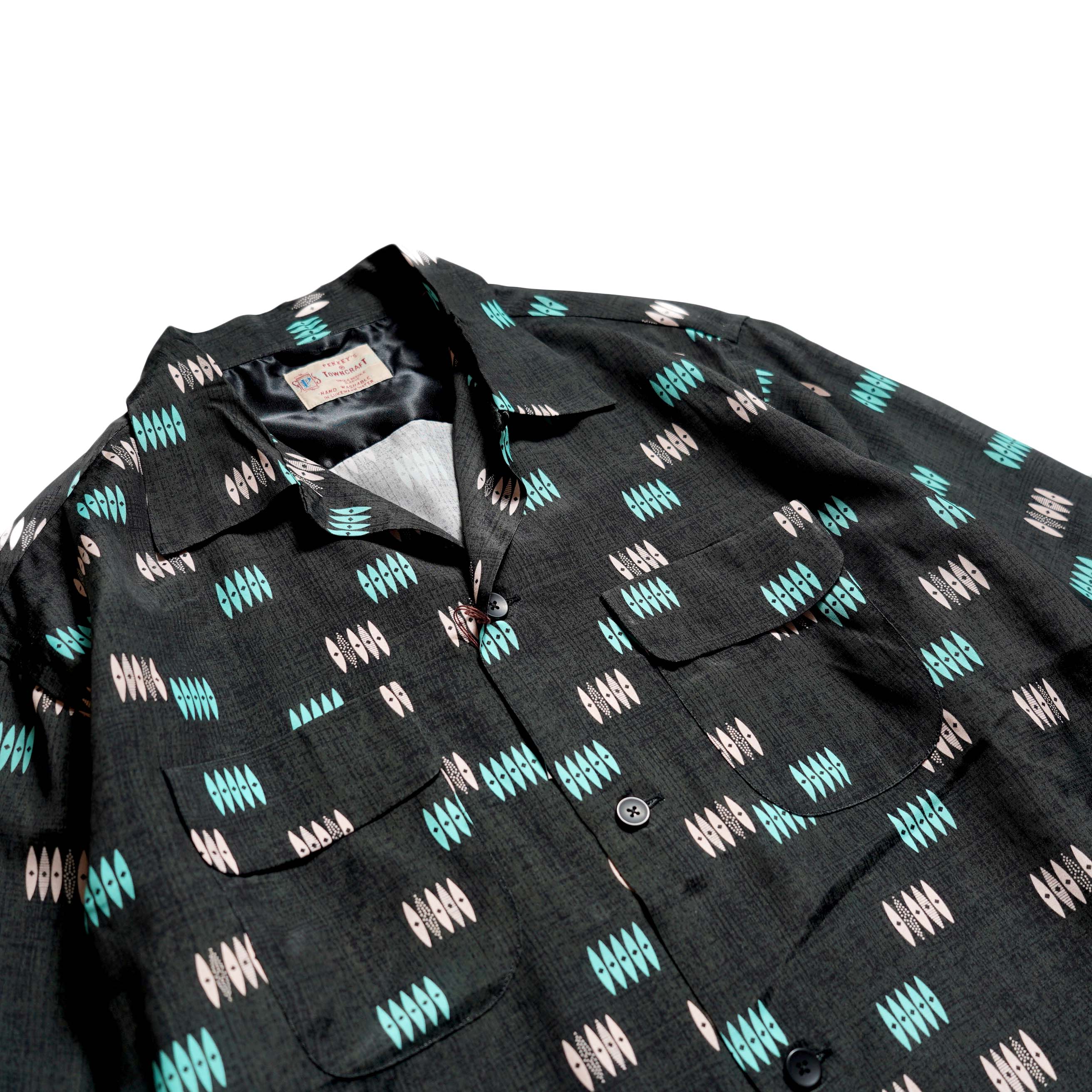 TOWNCRAFT / PRINTED RAYON ROOP COLLAR SHIRTS (Black)