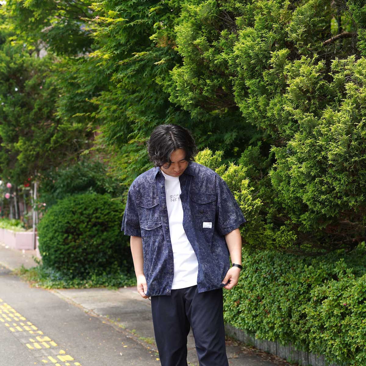 uniform experiment / INDIGO PRINT S/S FISHING SHIRT (Navy)
