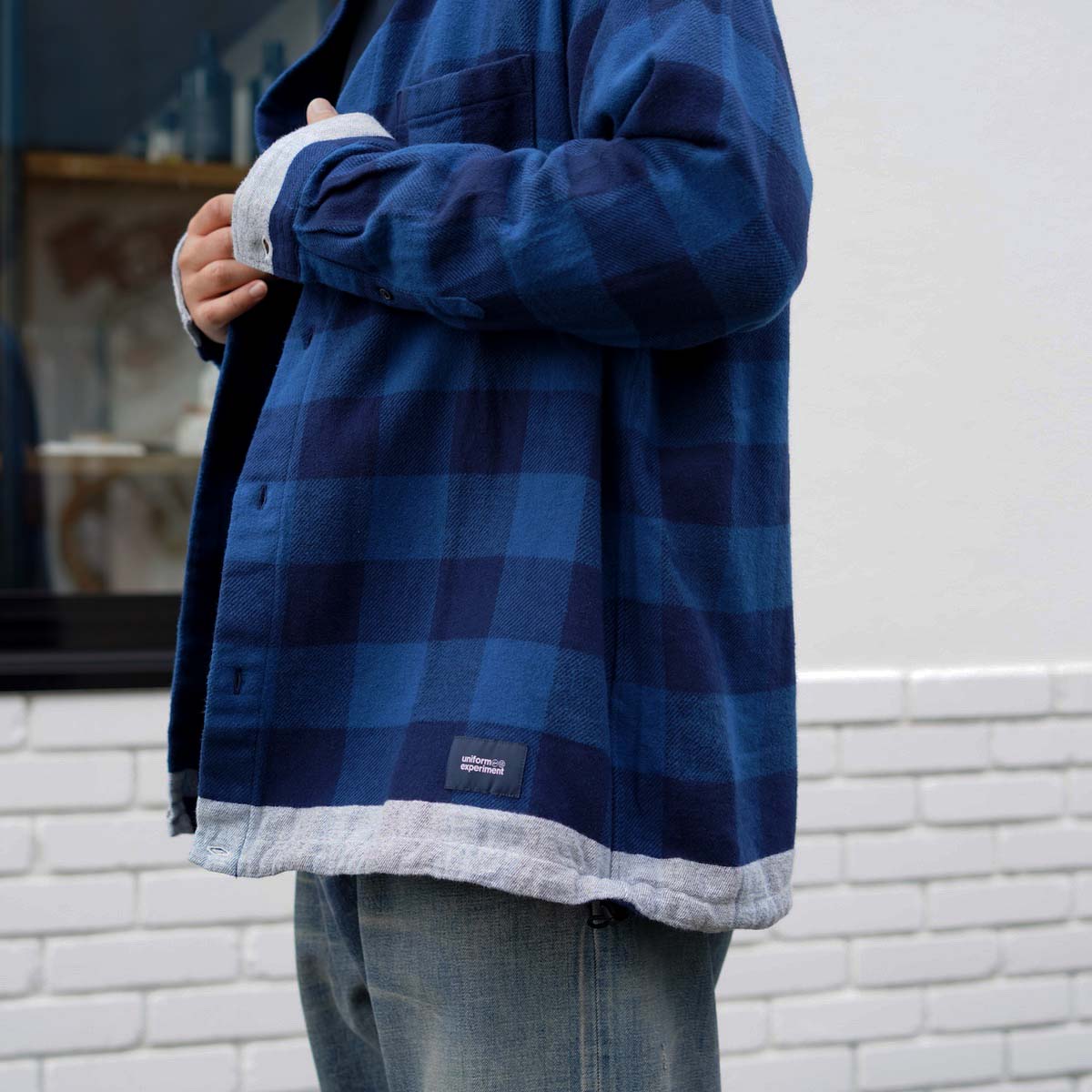uniform experiment / LINE FLANNEL CHECK DRAWCORD SHIRT (BLUE) 178cm size3着用②