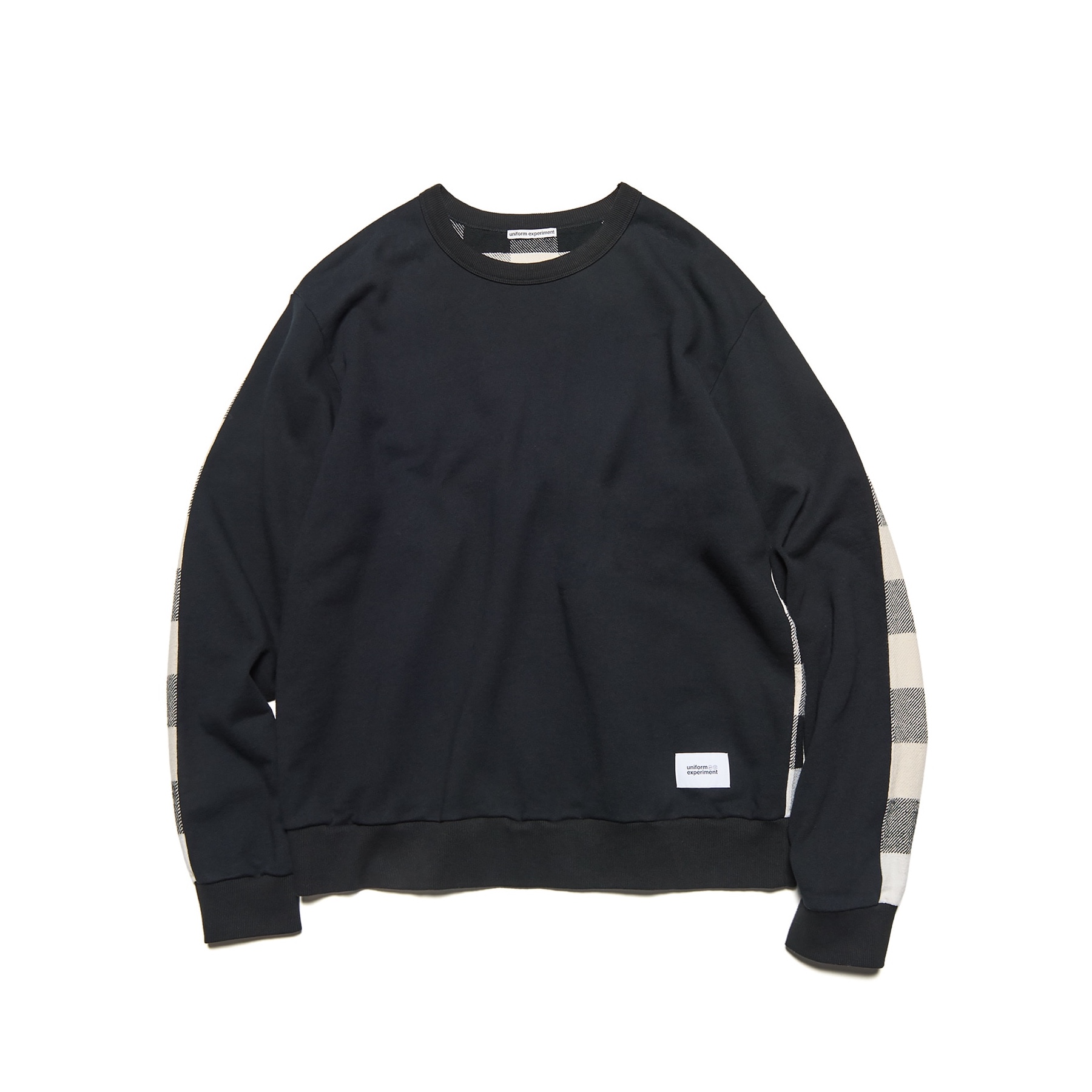 uniform experiment / LINE FLANNEL CHECK PANELED CREWNECK TOP (BLACK)