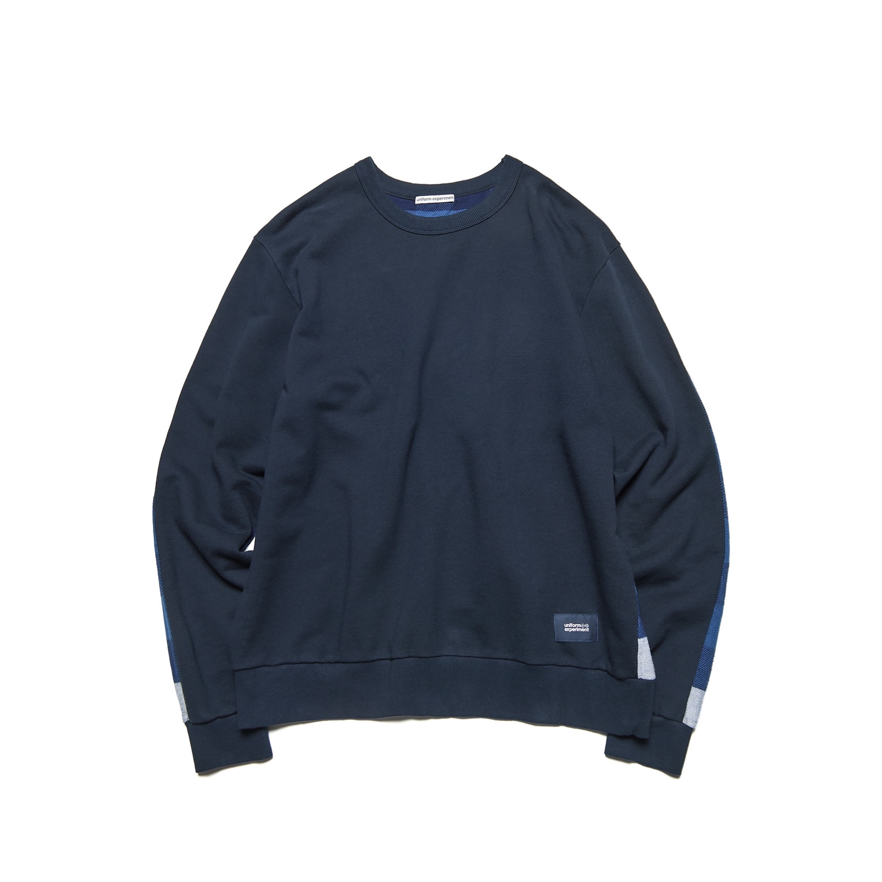 uniform experiment / LINE FLANNEL CHECK PANELED CREWNECK TOP (Blue)
