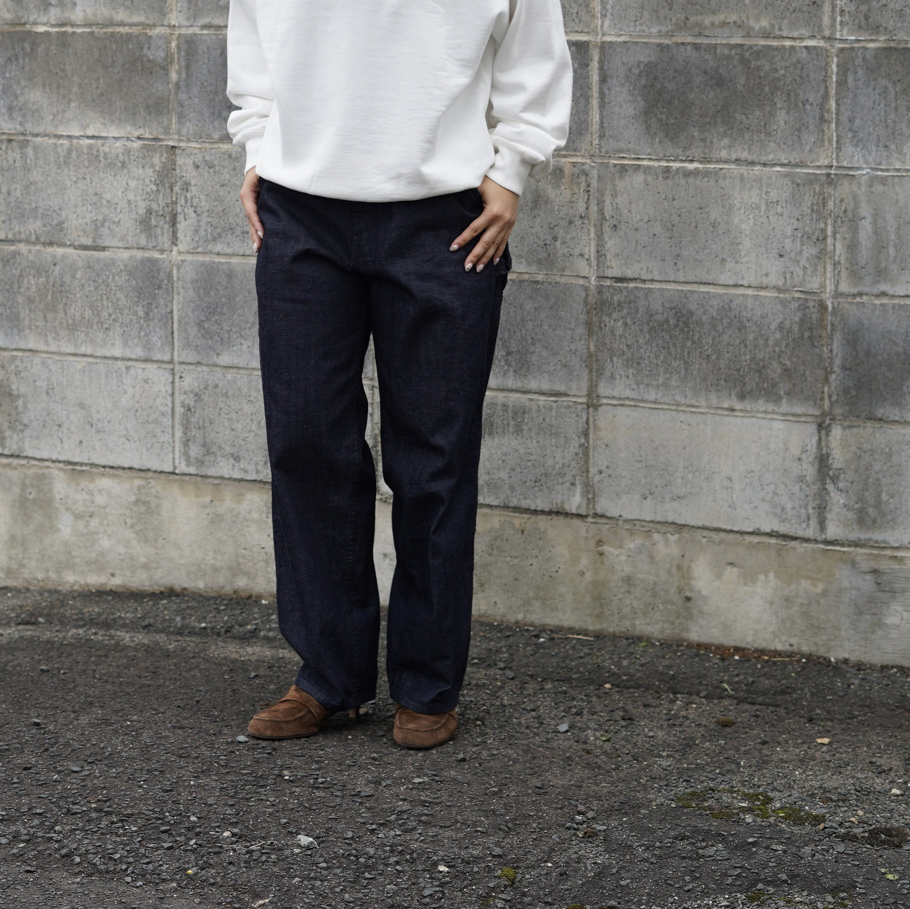 Y / ORGANIC COTTON LIGHT DENIM PAINTER PANTS  (White) 155cm / Navy / 着用イメージ②
